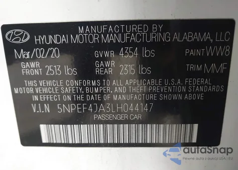 2020 Hyundai Sonata Sel z USA, uszkodzony, nr VIN 5NPEF4JA3LH044147